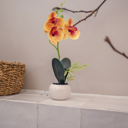 Künstliche Orchidee 28 cm gelb/rot im Topf